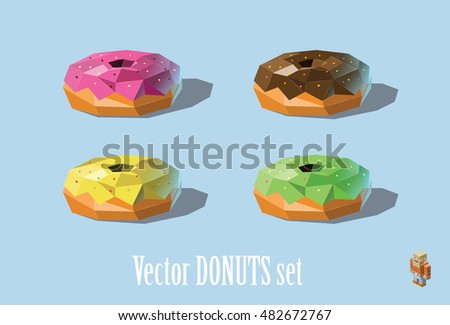 Vector set illustration of donuts; chocolate, strawberry, mint, mellon, modern polygonal food icons, low poly , isolated object   