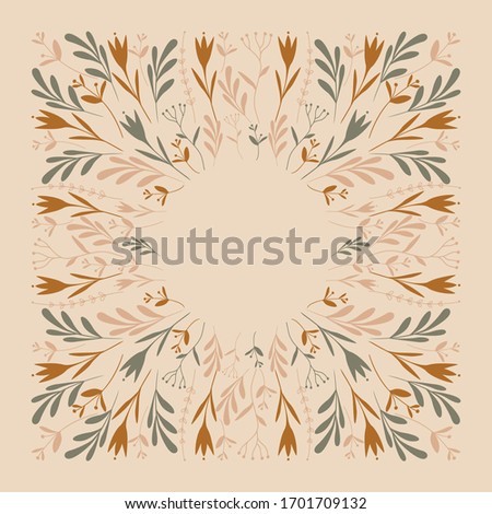 Cute frame card template with hand drawn rustic flowers. Vector vintage plants positioned in a square. Can be used for git or invitation card.