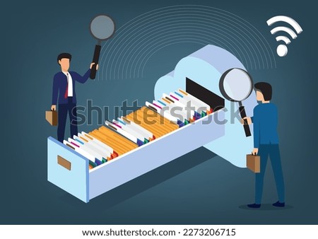 Cloud database sharing File storage and search 3d businessman with magnifying glass searching and storing files inside open drawer in cloud