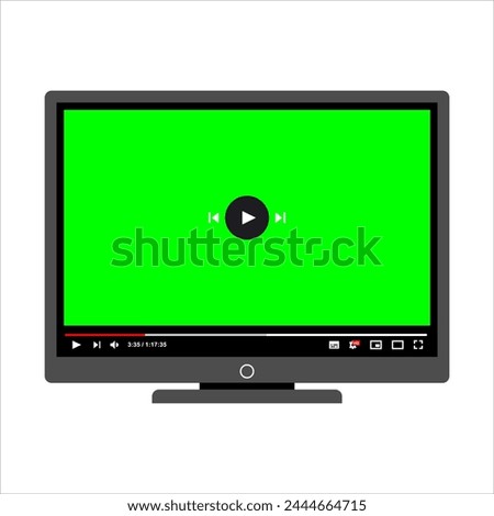 Computer desktop video player monitor screen mockup. PC social media interface. Playing mock videos online. Subscribe button. Monitor screen mockup vector illustration with video player interface.