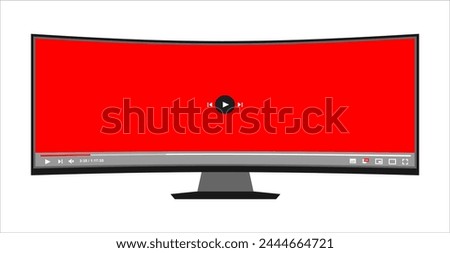Computer desktop video player monitor screen mockup. PC social media interface. Playing mock videos online. Subscribe button. Monitor screen mockup vector illustration with video player interface.