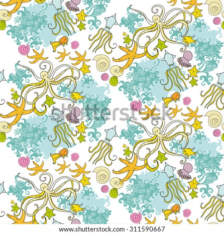 seamless pattern, sea background, marine  pattern with octopus