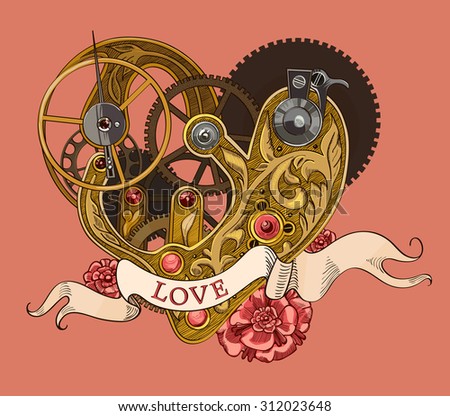Mechanical human heart with LOVE lettering on a ribbon.