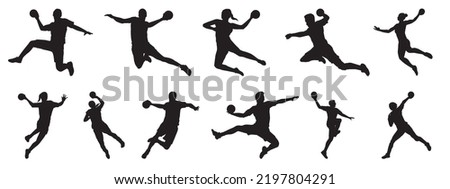 Handball player in action, attack shut in jumping vector silhouette illustration. 
