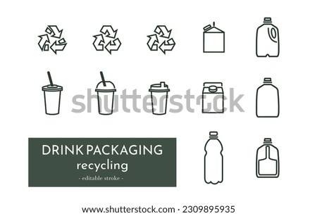 Drink packaging recycling pictogram set. 12 pieces. Outline icons. Beverage waste, recycling sign. Disposable bottle, cup, carton, gallon. Editable stroke. Zero waste concept. Responsible living