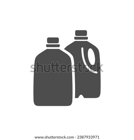 Two liquid gallons silhouette icon in black and white. Jugs in different angles. Plastic packaging for storing and transporting milk, beer, oil, paint, water. Household chemistry detergent web icon