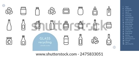 Glass packaging recycling icon set with editable stroke. Collection of line pictograms for web design and mobile interface. Items you can recycle: food, drink, medicine, cosmetics jars and bottles