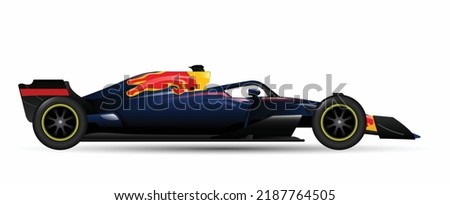 race single side view seater F1 3d car icon transport jet sport racing symbol concept art design template vector isolated blue red yellow sticker stripe decal power hybrid white background