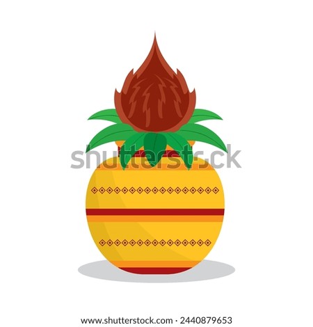 Traditional clay Kalash isolated on white. Hindu and Jain ritual element for puja. Sacral symbol of abundance, wisdom, and immortality. Vector illustration.