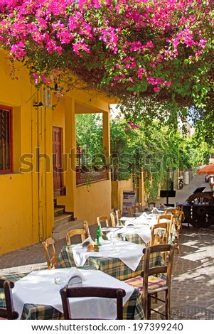 Cafe on the streets of old European city. Hania, Crete, Greece