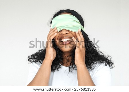 Similar – Image, Stock Photo Positive lady hiding under blanket at home