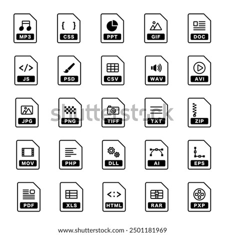 It is an icon set that expresses file formats with illustrations. Made with simple lines.