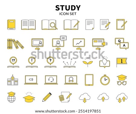 Education Study Learning Illustration Icon Set PC Mobile Notebook Stationery Simple Line Drawing Yellow