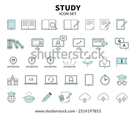 Education Study Learning Illustration Icon Set PC Mobile Notebook Stationery Simple Line Drawing Light blue