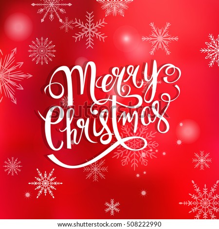 Merry Christmas Greeting Card Design With Hand Drawn Lettering Sign Over Beautiful Winter