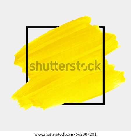 Logo brush painted yellow watercolor background. Art abstract brush paint texture design acrylic stroke over square frame vector illustration. Perfect design for headline and sale banner. 