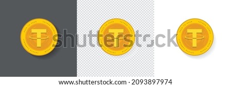 Block chain based crypto currency Tether (USDT) logo isolated on a white, dark and transparent background. Gold coin elements can be used as icon, sticker, badge, symbol, emblem and print design 