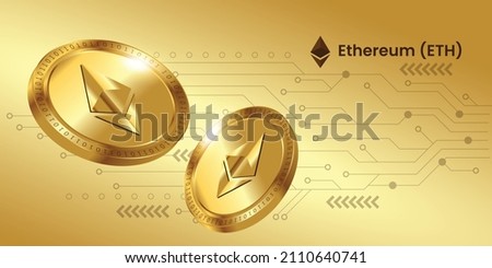 Ethereum ETH cryptocurrency banner vector illustration with logo in golden coin template