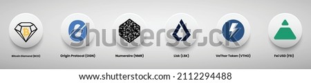 A set of crypto currency logo designs vector illustration template. Bitcoin Diamond, Origin Protocol, Numeraire, Lisk, Vethor token and Fei USD crypto logos