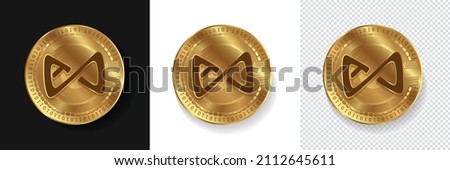 Axie Infinity AXS Cryptocurrency logo golden coin vector illustration isolated in dark, white and transparent background. Can be used as sticker, emblem, label, badge, and print design. 