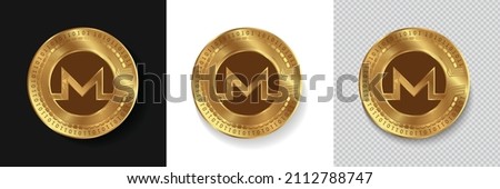 Monero XMR crypto currency logo isolated in dark, white and transparent background vector illustration. Golden coins can be used as stickers, labels, icons, badges and emblems for technology concept