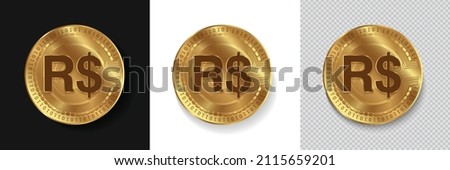 Brazil International Currency symbol Real on gold coin vector illustration isolated on white, dark and transparent background. Can be used as icon, sticker, badge, label and emblem design.
