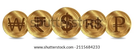 Set of International Currency symbol on gold coin vector illustration isolated on white, dark and transparent background. Dollar, Indian Rupee, Brazilian Real, Ruble and South Korean Won