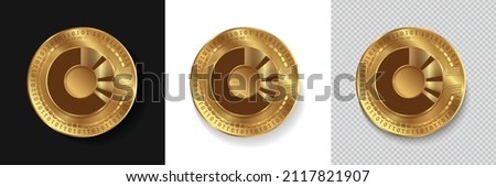 Set of OriginTrail TRAC cryptocurrency logo in golden coins vector illustration isolated in white, dark and transparent background. Can be used as crypto label,sticker, icon, badge, and emblem