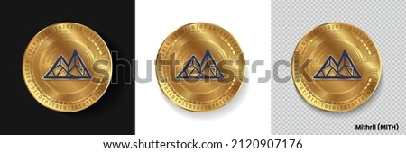 Set of Mithril MITH crypto currency logo symbol vector isolated on white, dark and transparent background. Can be used as golden coin sticker, icon, label, badge, print design and emblem