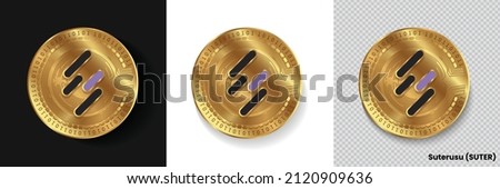 Set of  Suterusu SUTER crypto currency logo symbol vector isolated on white, dark and transparent background. Can be used as golden coin sticker, icon, label, badge, print design and emblem