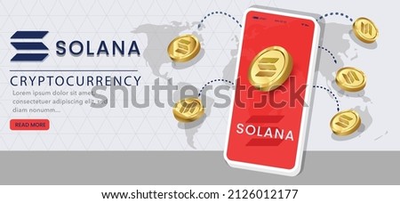 Solana SOL cryptocurrency website banner vector illustration. Technology background with future payment concept, smartphone and golden coins.