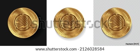 Set of Factom FCT crypto currency logo symbol vector isolated on white, dark and transparent background. Can be used as golden coin sticker, icon, label, badge, print design and emblem