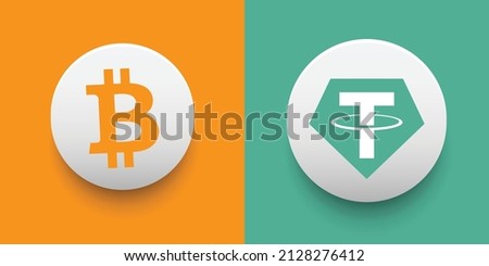 Set of Bitcoin (BTC) and Tether (USDT) Crypto currency logo and symbol icons vector template. Can be used as stickers, badges, buttons and emblems for virtual digital money technology concepts.