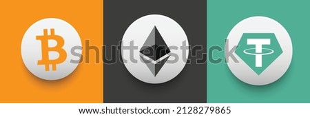 Set of Bitcoin BTC, Ethereum ETH and Tether USDT Crypto currency logo and symbol icons vector template. Can be used as stickers, badges, buttons and emblems for digital money technology concept