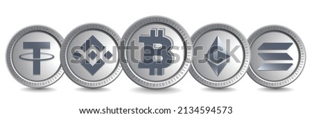 Bitcoin (BTC), Tether (USDT), Ethereum (ETH), Binance Coin (BNB), and Solana (SOL) cryptocurrency logo symbols. Isolated Crypto silver coins metallic vector template. 