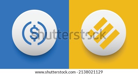 Crypto coins USD Coin (USDC) and Binance USD (BUSD). Cryptocurrency based on block chain technology. Altcoin vector decentralized finance theme. Can be used for comparison and infographics template
