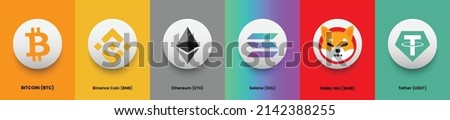 Set of cryptocurrency logo and symbol banner for virtual cash decentralized concept. Collection of Bitcoin BTC, Binance Coin BNB, Ethereum ETC, Solana SOL, Shiba Inu SHIB and Tether USDT crypto coins 