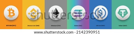 Set of cryptocurrency logo and symbol banner for virtual cash decentralized concept. Collection of Bitcoin BTC, Binance Coin BNB, Ethereum ETC, Solana SOL, USD Coin USDC and Tether USDT crypto coins 