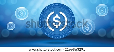 Creative USD Coin (USDC) crypto currency coin with symbol of the virtual electronic cash. Vector illustration template for banners, web backgrounds and wallpaper design. 