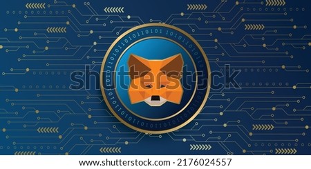 Metamask crypto currency wallet metallic coin vector illustration. Blockchain based virtual money concept futuristic banner, background and wallpaper design.