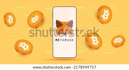 Metamask crypto wallet logo on a smartphone with Bitcoin cryptocurrency coins vector illustration template. 