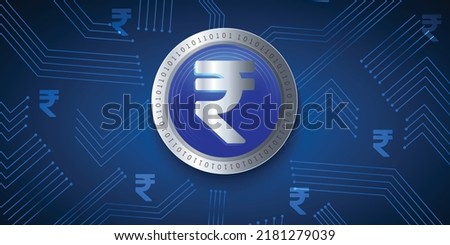 Indian Currency symbol Rupee INR metallic coin on technology background vector illustration 