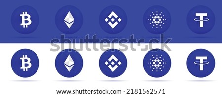 Set of Cryptocurrency logos of Bitcoin BTC, Ethereum ETH, Cardano ADA, Binance BNB and Tether USDT coins. 