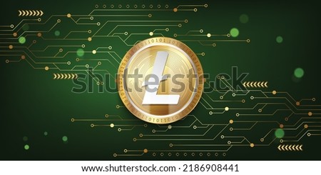 Litecoin (LTC) Crypto metallic coin virtual currency token on futuristic technology vector background illustration 