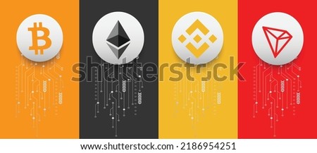 Bitcoin (BTC), Ethereum (ETH), Binance (BNB) and Tron (TRX) crypto currency logo symbols vector illustration on technology background and banner template