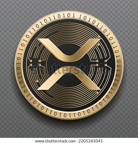 Xrp (XRP) cryptocurrency golden coin isolated in transparent background. Virtual currency token symbol vector illustration based on cryptography and block chain technology.