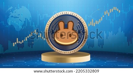 Pancakeswap CAKE crypto currency coin logo and symbol over financial infographic background. Futuristic technology vector illustration banner and wallpaper 