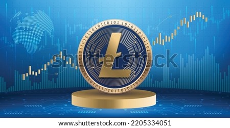 Litecoin LTC crypto currency coin logo and symbol over financial infographic background. Futuristic technology vector illustration banner and wallpaper 
