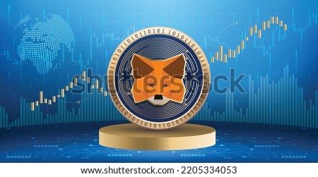 Metamask Wallet crypto currency coin logo and symbol over financial infographic background. Futuristic technology vector illustration banner and wallpaper 
