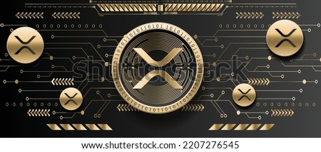 XRP cryptocurrency golden coin on futuristic technology background vector illustration banner and wallpaper template 